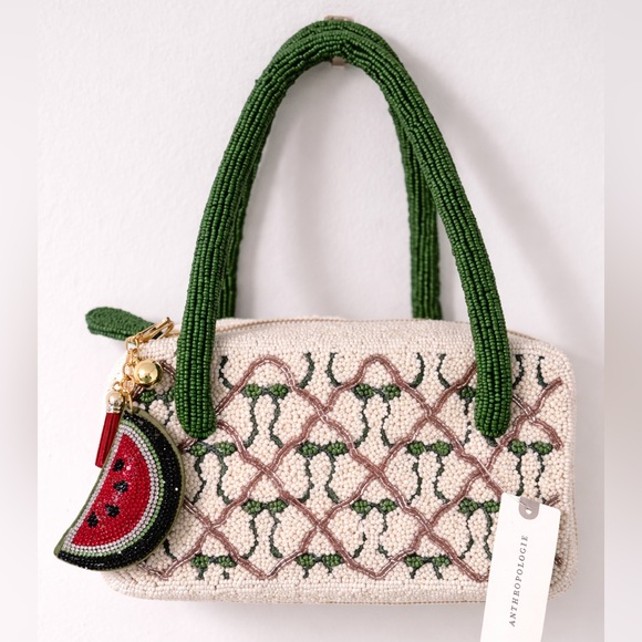 Anthropologie Green Beaded Bows Box Shaped Bag